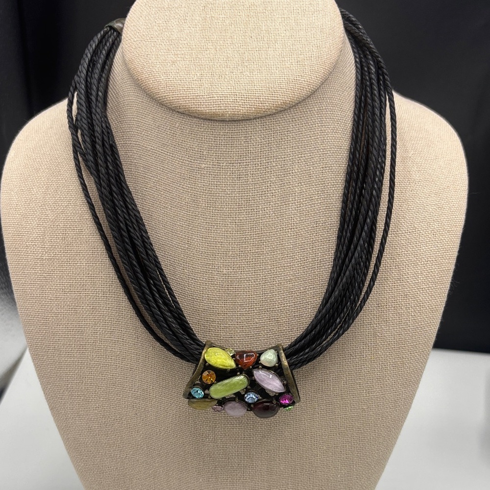 Black Multi-Strand Cord Necklace with Multicolor Gem Accent